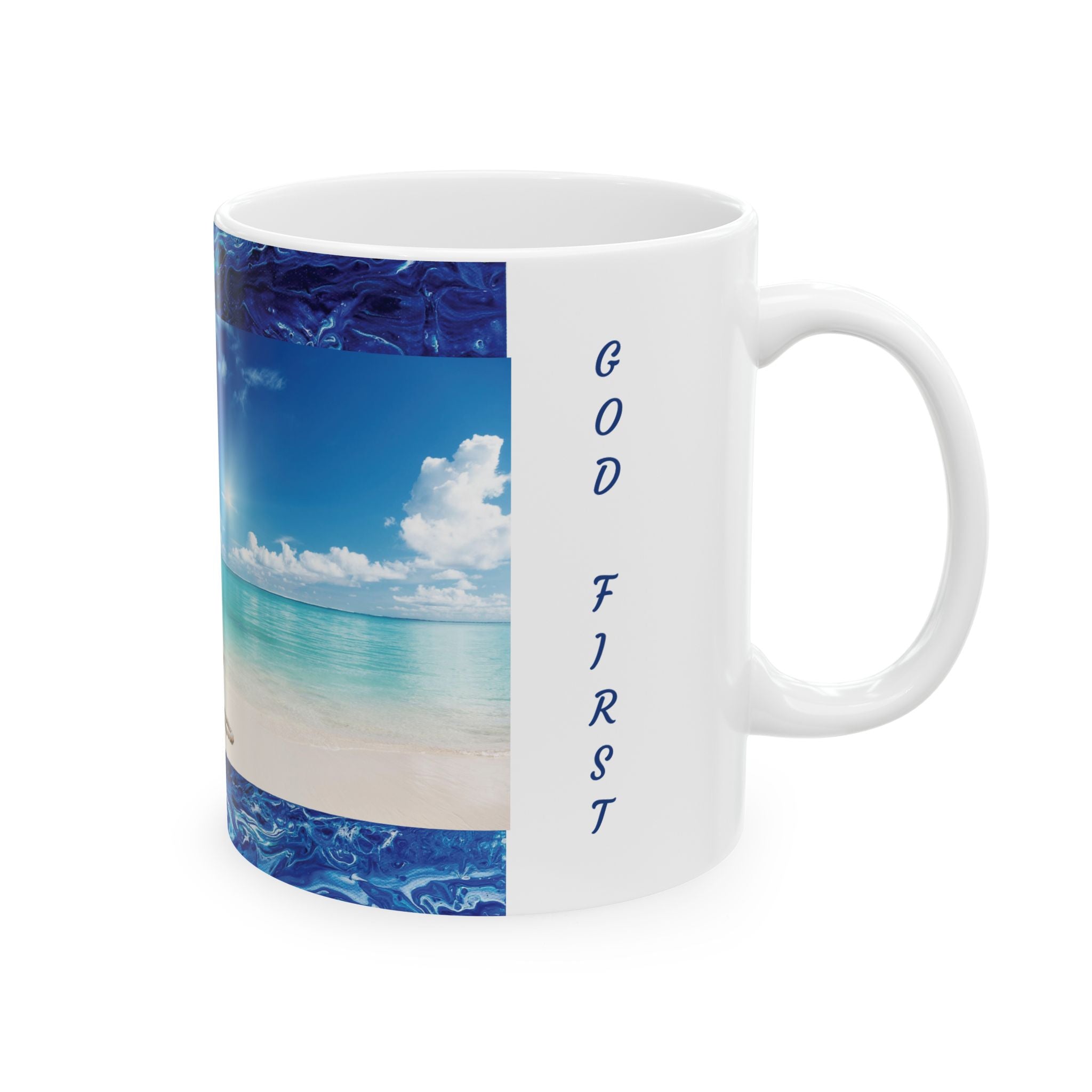 Beach Scene Ceramic Mug —Matthew 6:33 'God First' Inspirational Ocean Coffee Cup (11oz, 15oz)