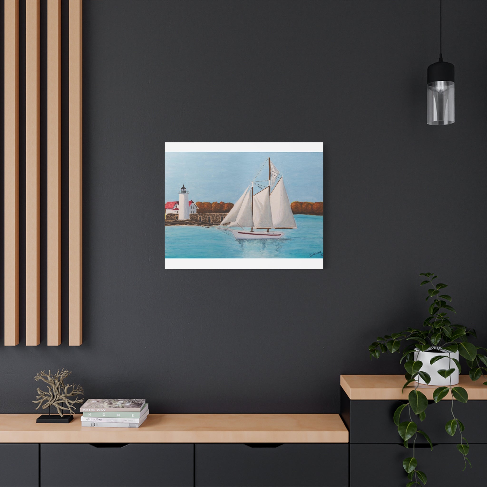 Sailboat Lighthouse Canvas Wall Art — Nautical Seascape Matte Stretched Print