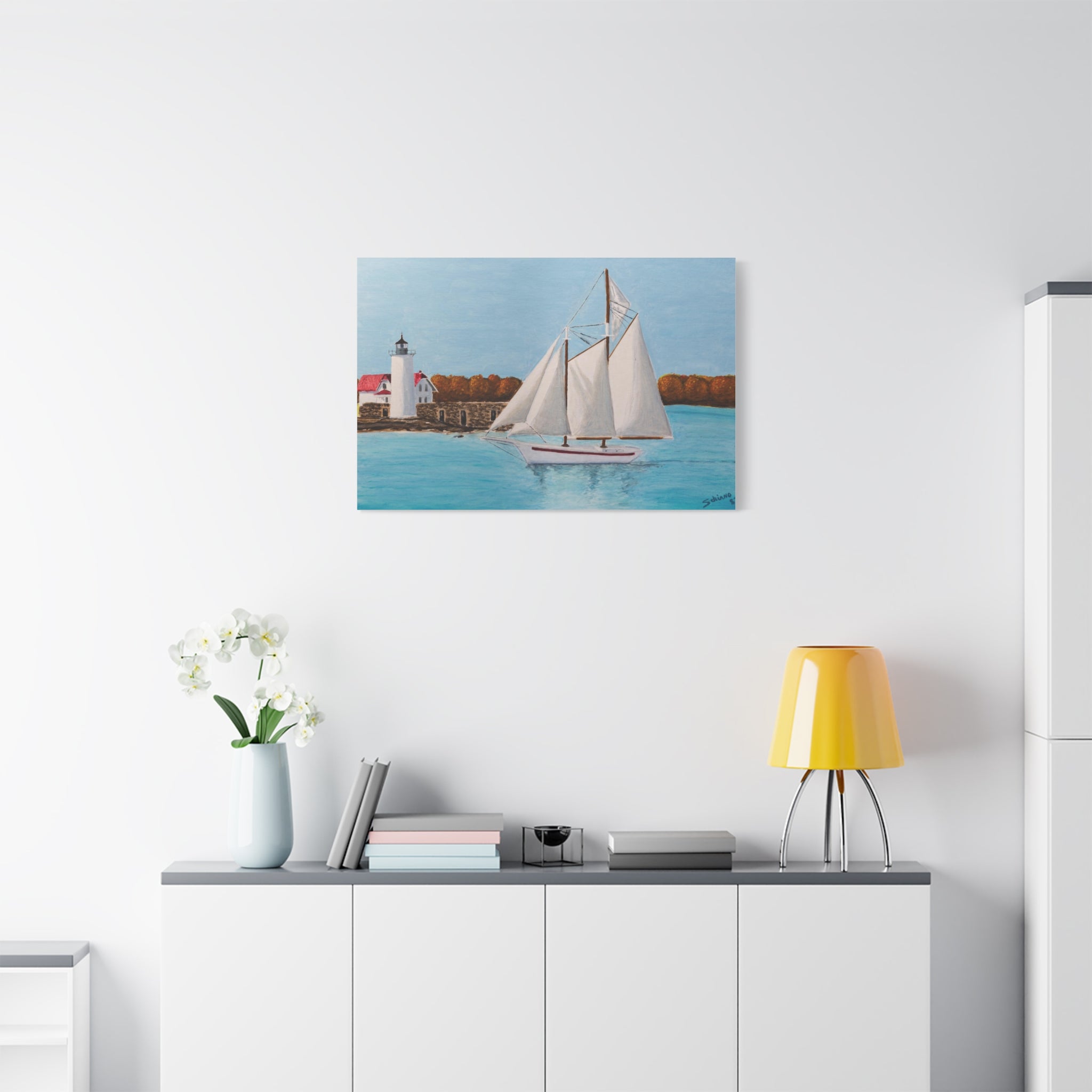 Sailboat Lighthouse Canvas Wall Art — Nautical Seascape Matte Stretched Print