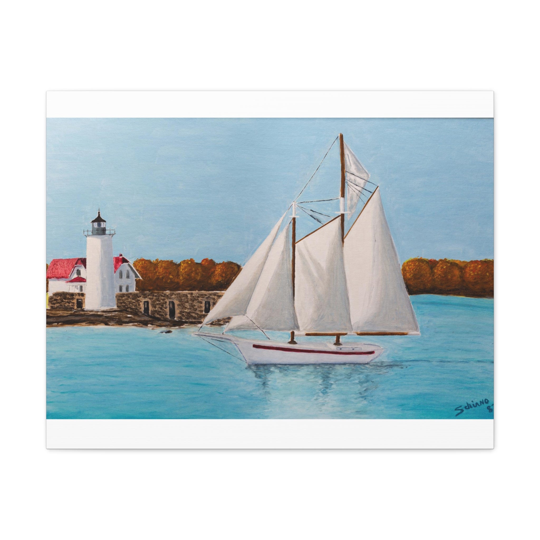 Sailboat Lighthouse Canvas Wall Art — Nautical Seascape Matte Stretched Print