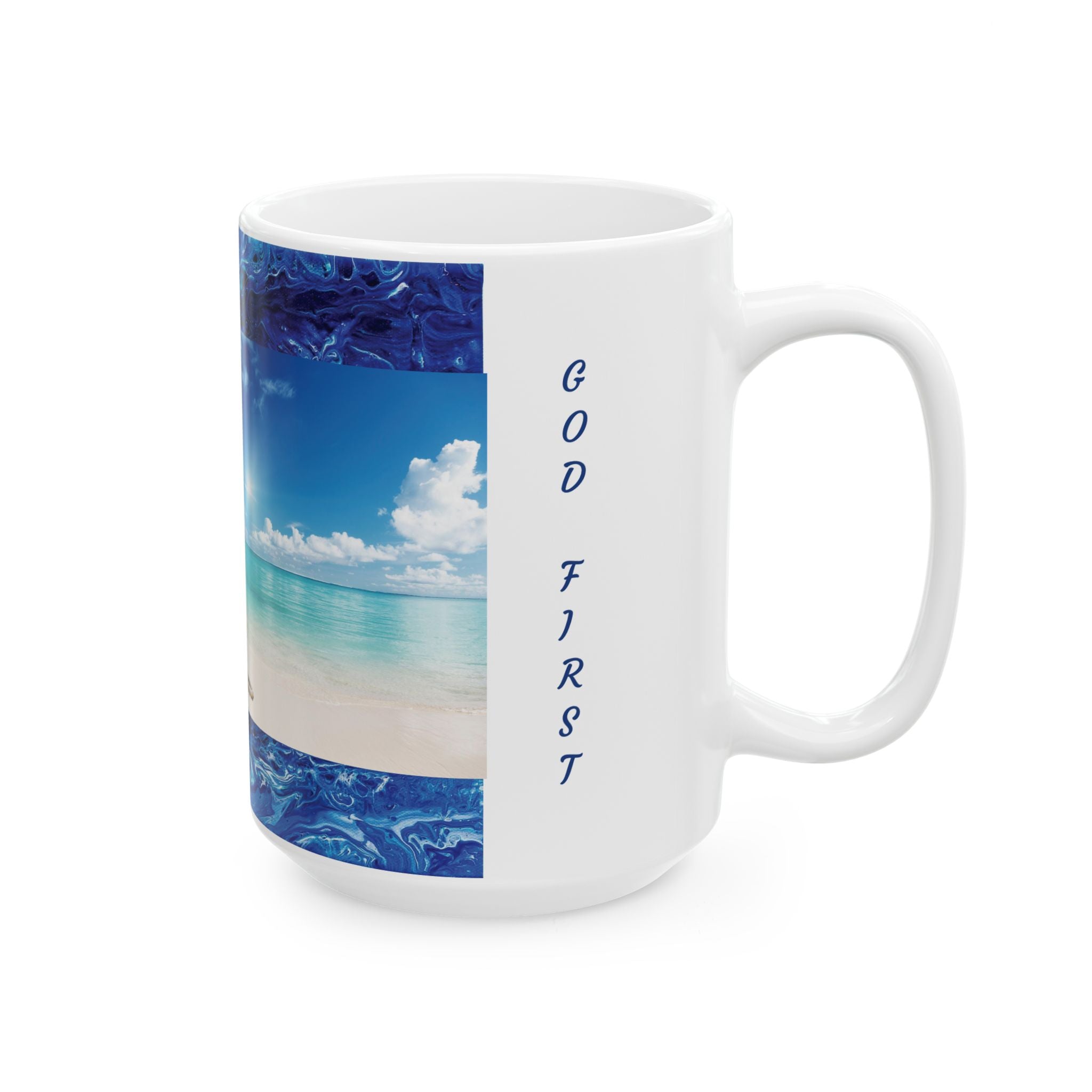 Beach Scene Ceramic Mug —Matthew 6:33 'God First' Inspirational Ocean Coffee Cup (11oz, 15oz)