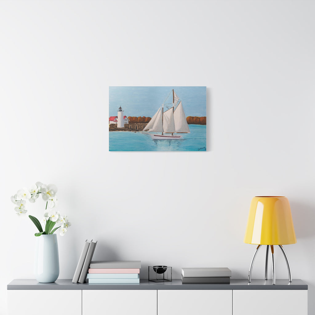 Sailboat Lighthouse Canvas Wall Art — Nautical Seascape Matte Stretched Print