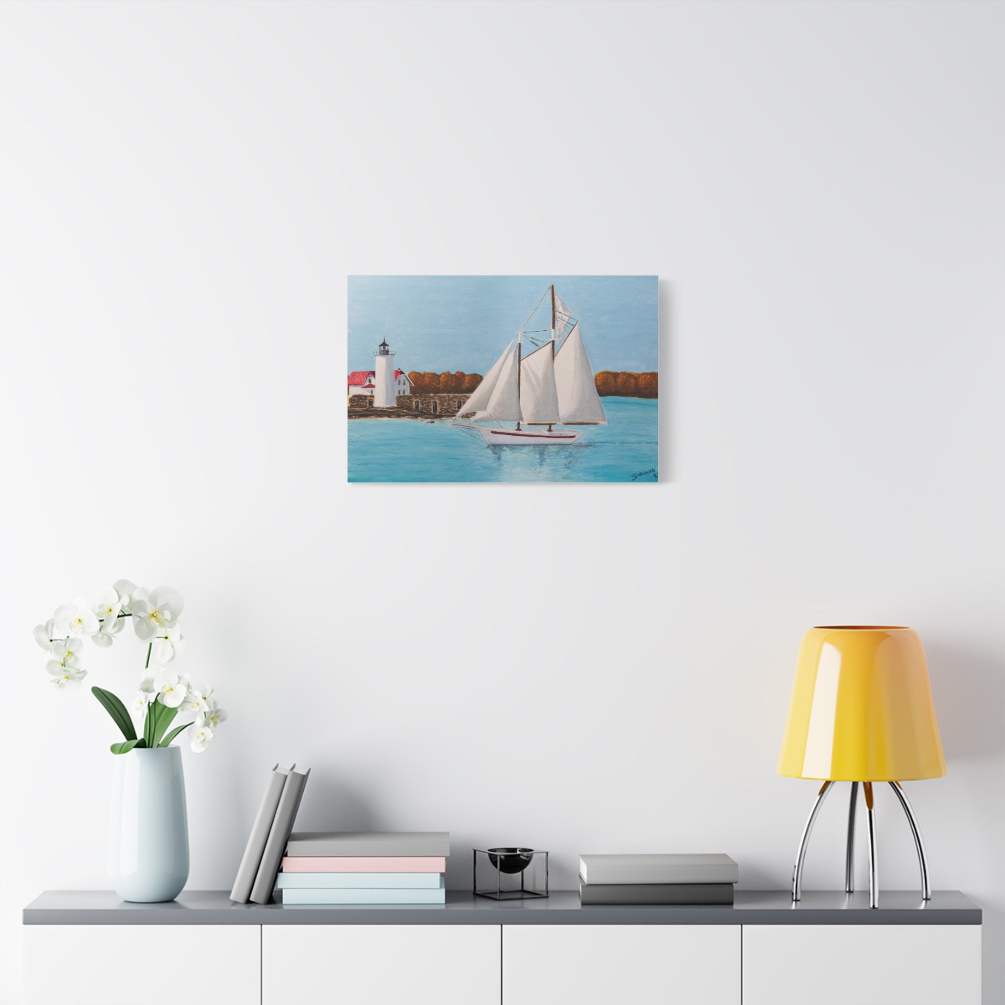 Sailboat Lighthouse Canvas Wall Art — Nautical Seascape Matte Stretched Print