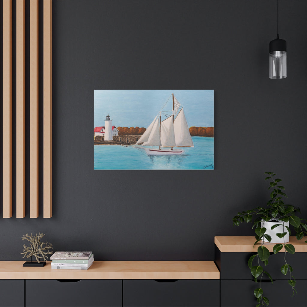 Sailboat Lighthouse Canvas Wall Art — Nautical Seascape Matte Stretched Print