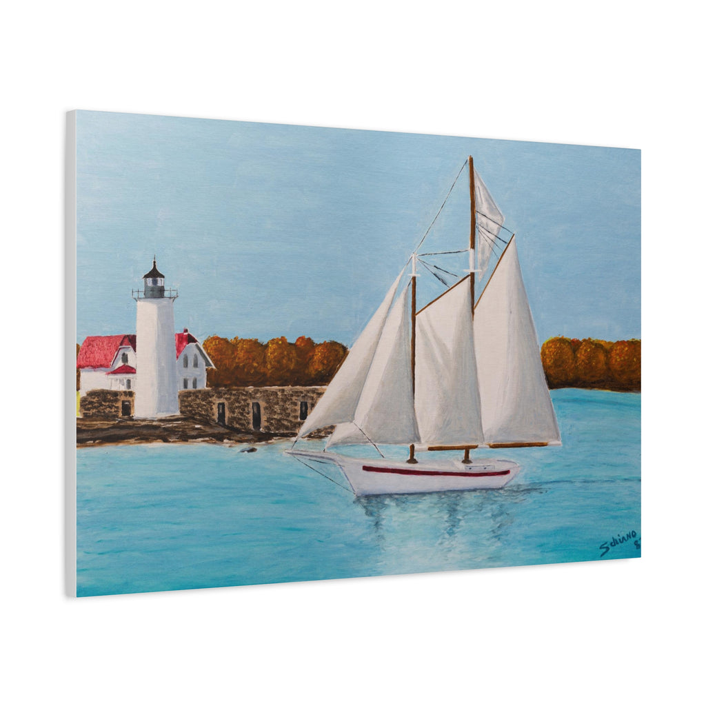 Sailboat Lighthouse Canvas Wall Art — Nautical Seascape Matte Stretched Print