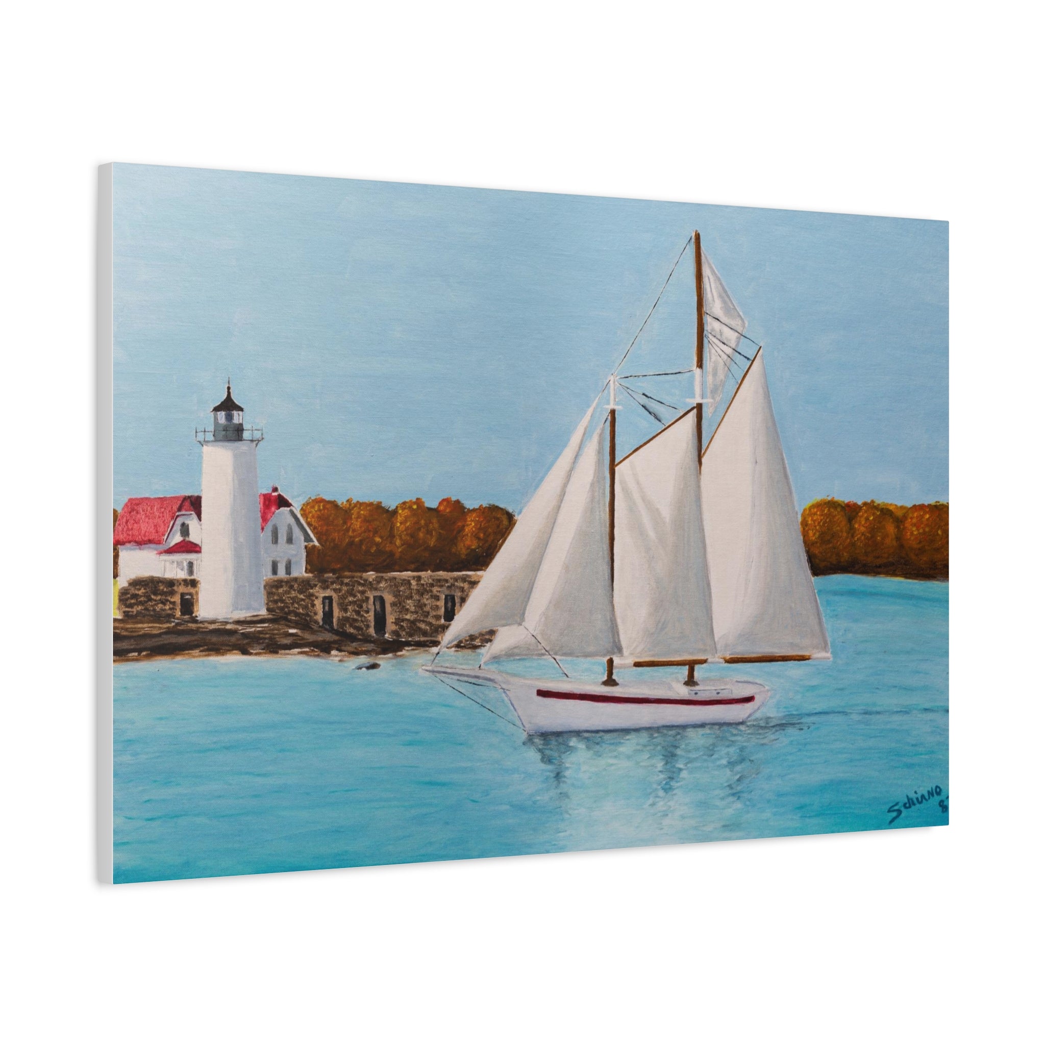 Sailboat Lighthouse Canvas Wall Art — Nautical Seascape Matte Stretched Print