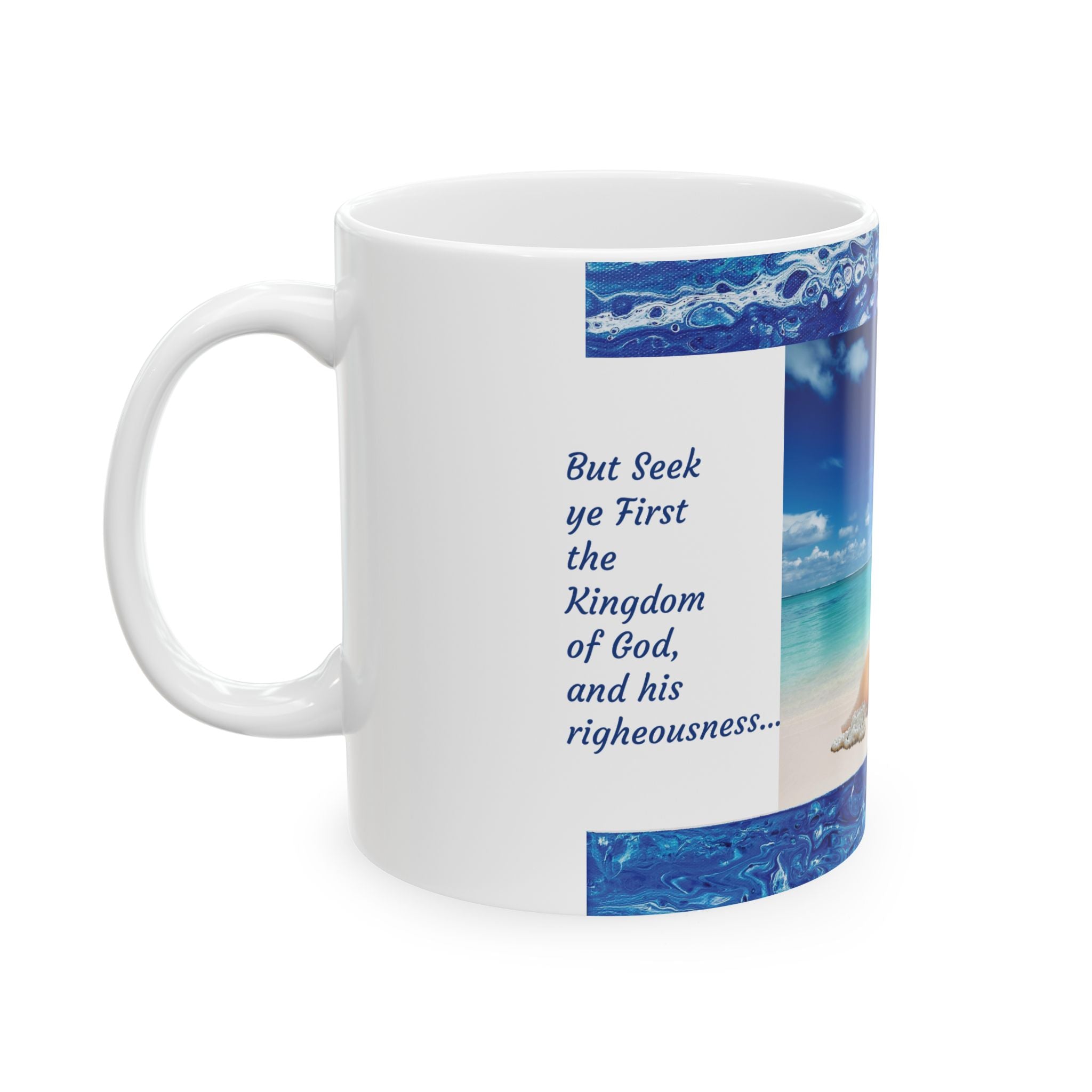 Beach Scene Ceramic Mug —Matthew 6:33 'God First' Inspirational Ocean Coffee Cup (11oz, 15oz)