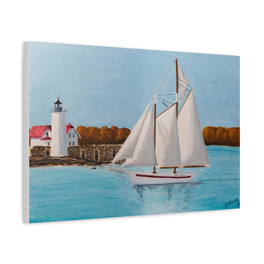 Sailboat Lighthouse Canvas Wall Art — Nautical Seascape Matte Stretched Print
