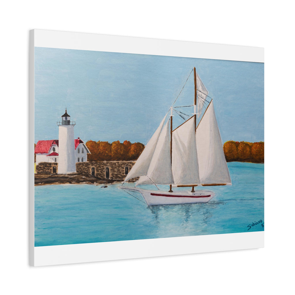 Sailboat Lighthouse Canvas Wall Art — Nautical Seascape Matte Stretched Print