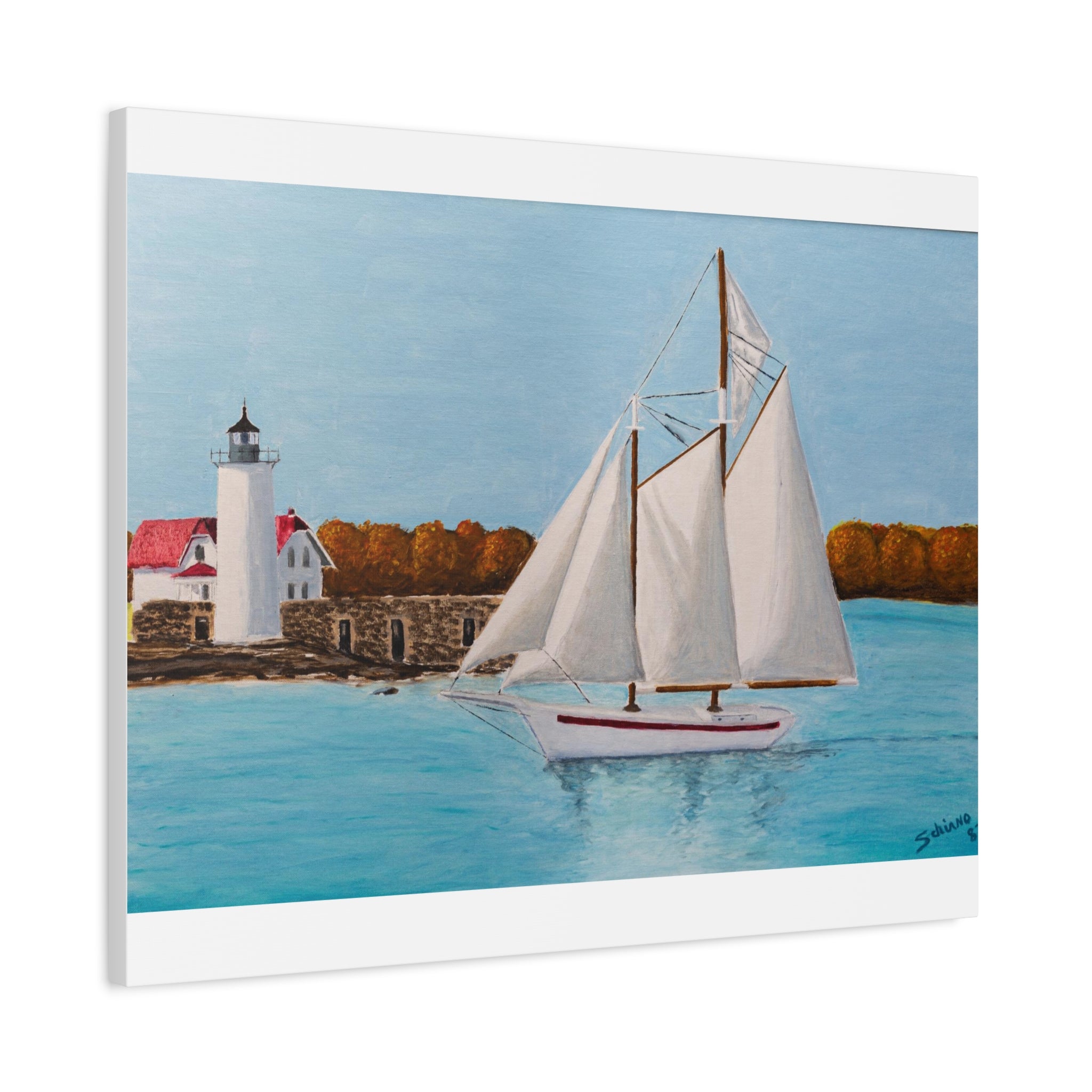 Sailboat Lighthouse Canvas Wall Art — Nautical Seascape Matte Stretched Print