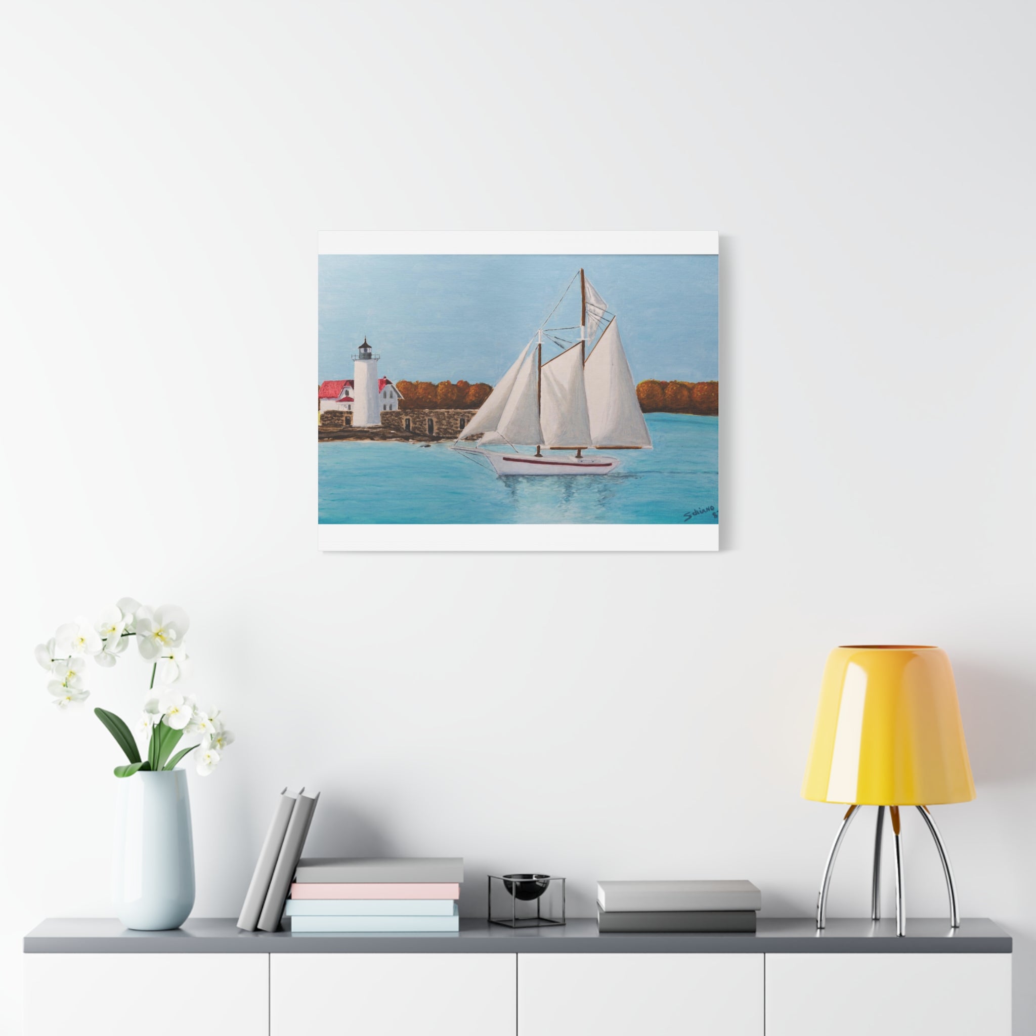 Sailboat Lighthouse Canvas Wall Art — Nautical Seascape Matte Stretched Print
