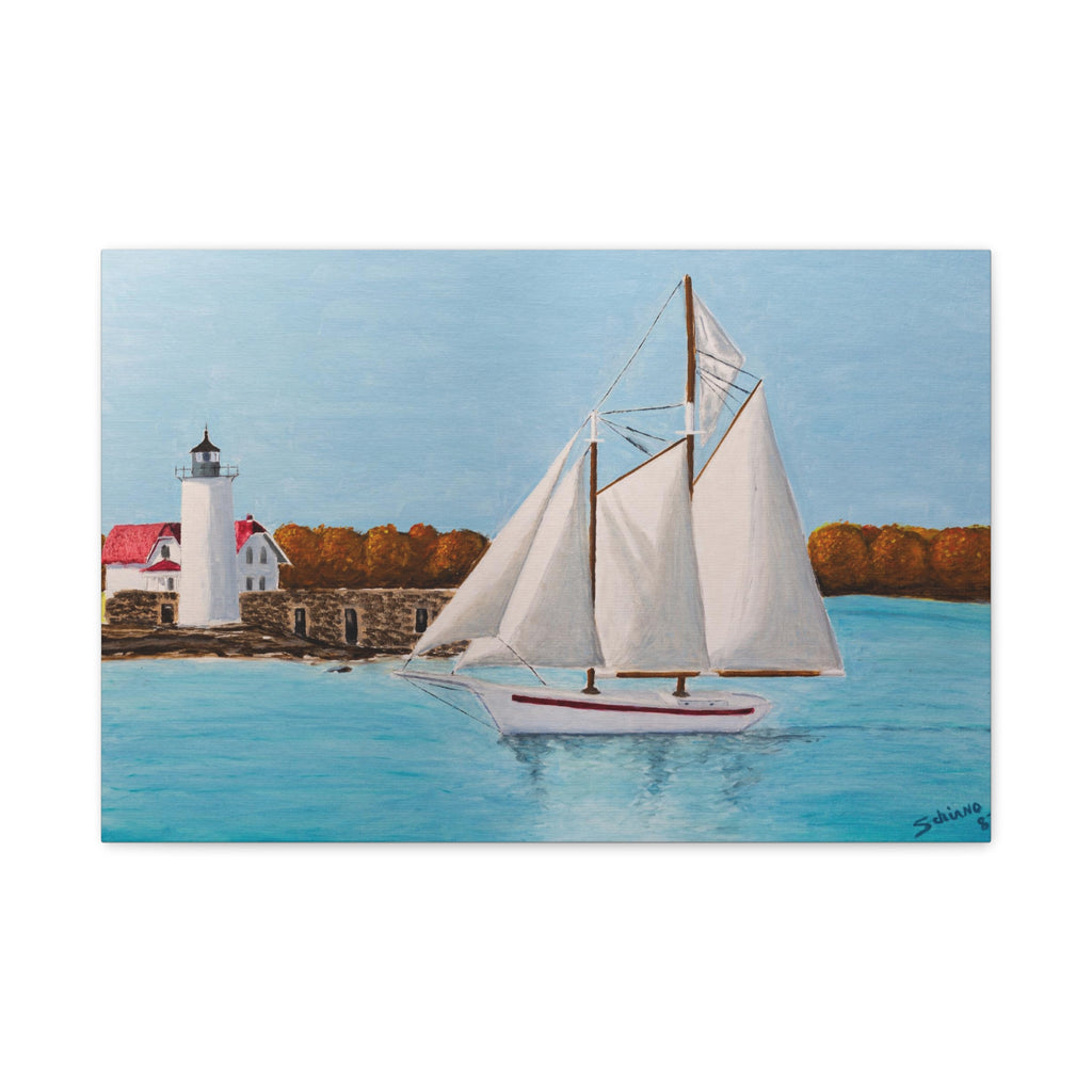 Sailboat Lighthouse Canvas Wall Art — Nautical Seascape Matte Stretched Print