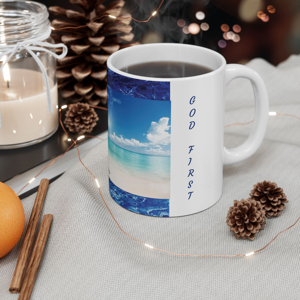 Beach Scene Ceramic Mug —Matthew 6:33 'God First' Inspirational Ocean Coffee Cup (11oz, 15oz)