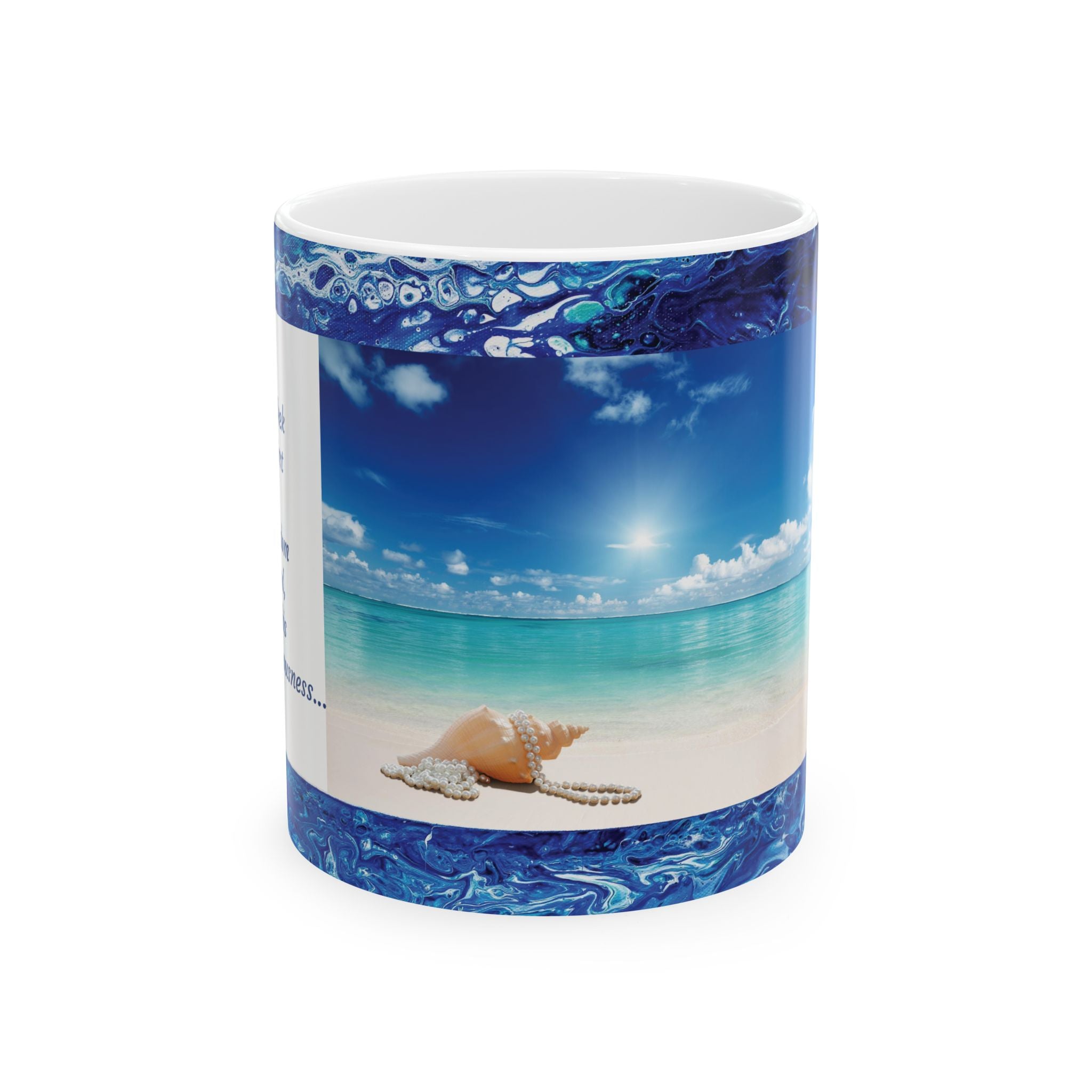 Beach Scene Ceramic Mug —Matthew 6:33 'God First' Inspirational Ocean Coffee Cup (11oz, 15oz)