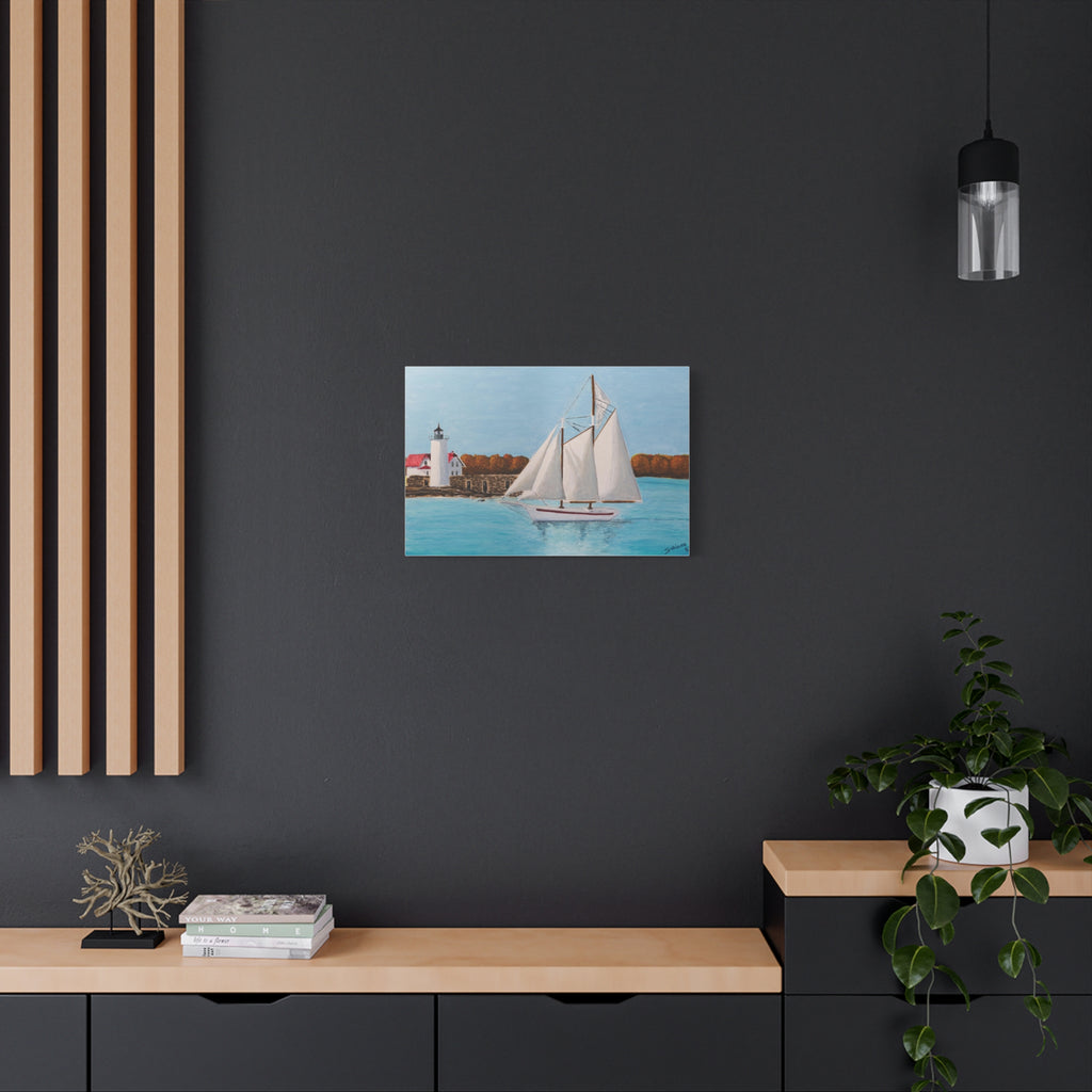 Sailboat Lighthouse Canvas Wall Art — Nautical Seascape Matte Stretched Print