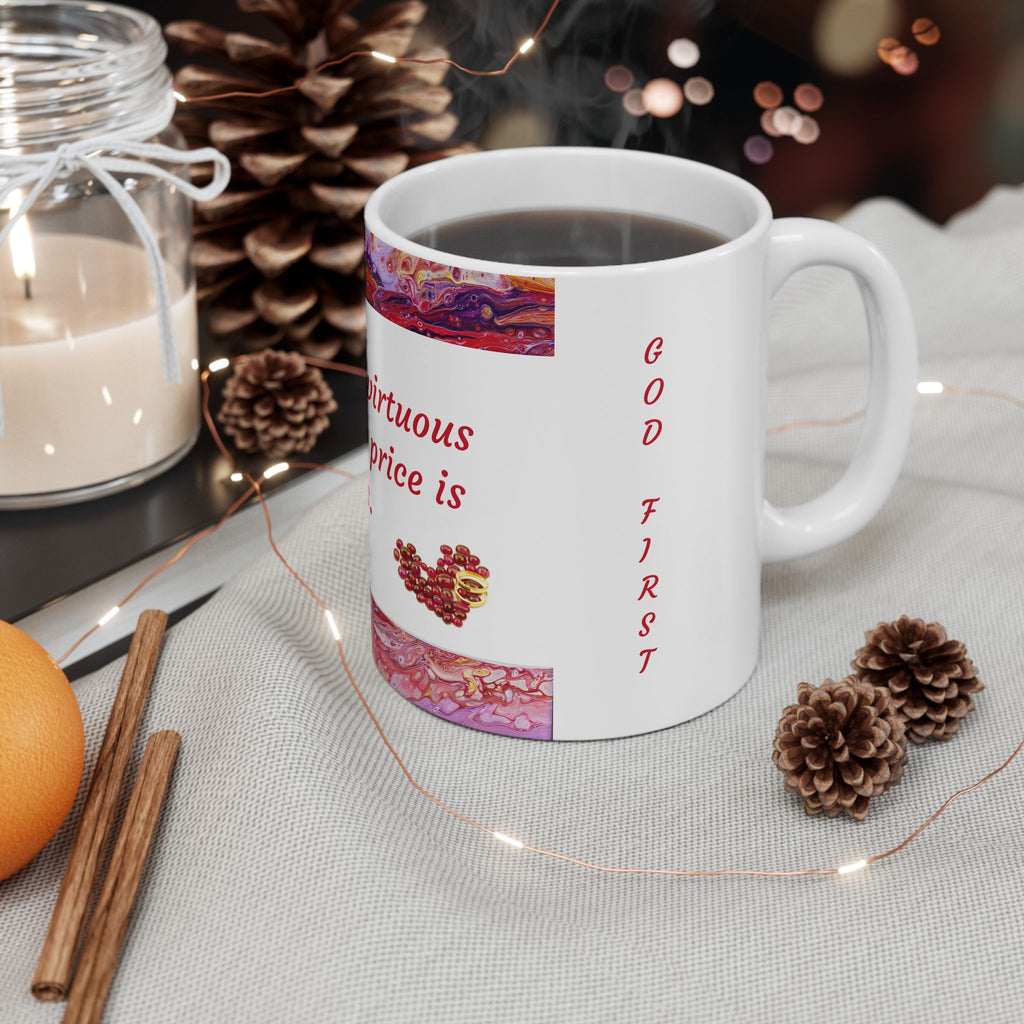 Proverbs 31:10 Ceramic Mug — "Who Can Find a Virtuous Woman?" Inspirational Bible Verse Coffee Cup