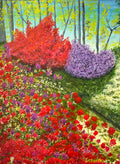 Garden in Bloom — Spring Floral with Red Maple & Purple Flowering Bush, Original Painting