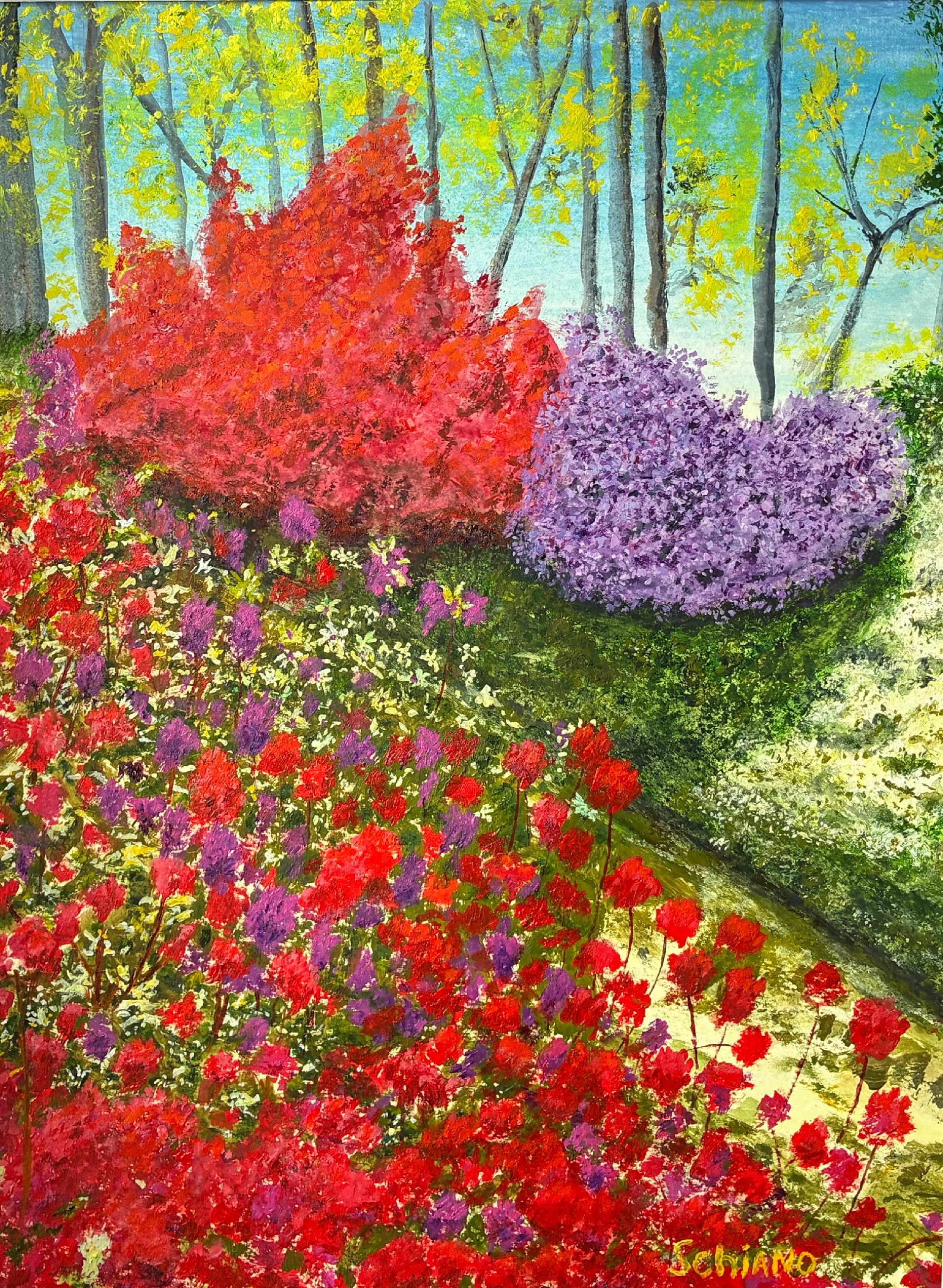 Garden in Bloom — Spring Floral with Red Maple & Purple Flowering Bush, Original Painting